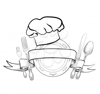 Chef cook hat with fork, spoon, knife and  plate hand drawing sketch label. Cutlery icon. Vector Catering and restaurant service insignia. Restaurant symbol chef cook hat.