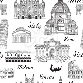 Travel Europe background. Italy famous landmark seamless pattern. Italian city architectura travel sketch.