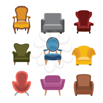 Chairs and armchairs icons set. Furniture collection of different armchairs in flat style. 