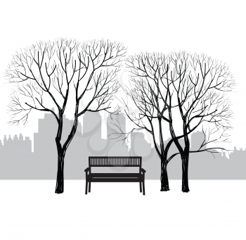 Bench in city park. Trees and plants. Landscape with bench. Cityscape vector illustration