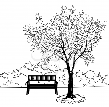 Bench in city park. Trees and plants. Landscape with bench. Doodle landscape vector illustration