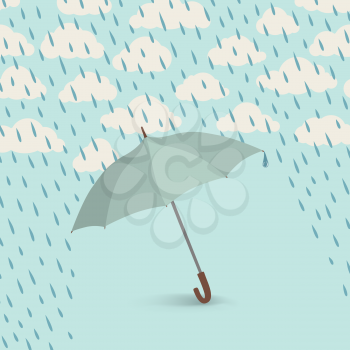 Umbrella over rain. Rainy cloudy sky pattern. Autumn rain background concept