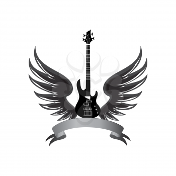 Rock music sign. Electric guitar with wings and ribbon. Musical festival label