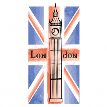Grunge UK flag with London famous Westminster abbey tower. Travel Great Britain  background with painted UK flag. English landmark Big Ben