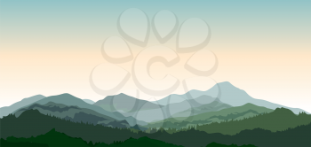 Landscape with mountains. Nature background. Hills of coniferous wood in dark green vector illustration