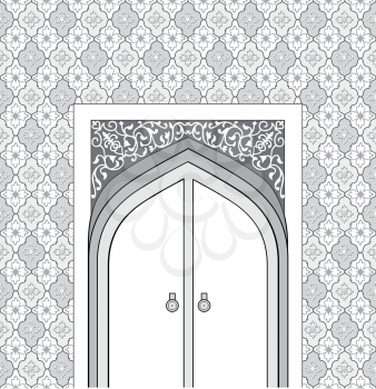 Doorway in arabic architectural style. Arch of patterned stone with closed  door.  Islamic design mosque door for greeting background. Oriental seamless ornament. Editable vector