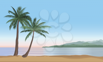 Palm tree on the ocean beach. Nature floral landscape Tropical beach resort skyline. Summer holidays background. Seaside Sunrise View Poster. Vector  resort wallpaper 
