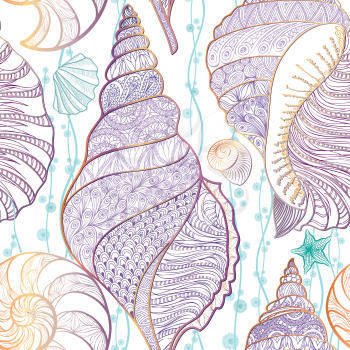 SeaShell seamless pattern Underwater sea tiled background Summer Holiday Vector Background with Seashells, Sea Star and Sand. Hand Drawn Etching Style Marine life ornament