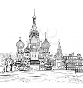 St Basil cathedral cityscape view, Moscow, Russian skyline. Travel Russia background. Engraved cityscape