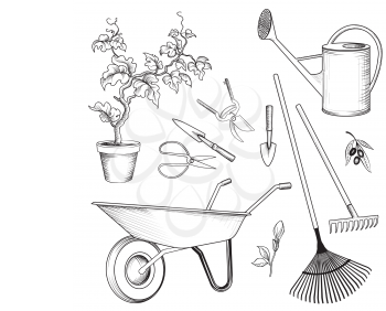 Garden tools set. Gardening plant, watering can, wheelbarrow, rake, shovel, spade, cart engraved signs