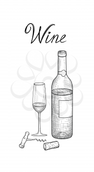 Wine set. Wine glass, bottle, corkscrew, wine stopper, lettering. Vineyard sketch
