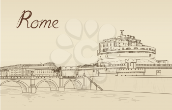 Rome cityscape with Castle Sant Angelo. Italian city famous landmark skyline. Travel Italy engraving. Rome architectural city background with lettering