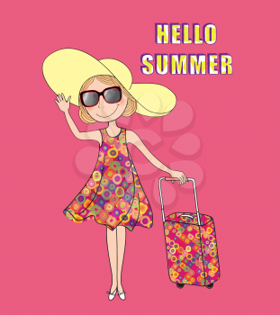 Summer travel card background with lettering HELLO SUMMER and girl with sunglasses, hat and luggage bag.