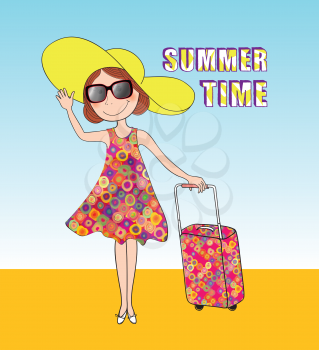 Summer travel card background with lettering SUMMER TIME and girl with sunglasses, hat and luggage bag.