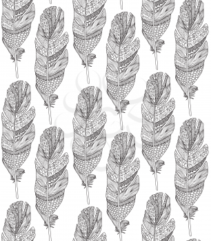 Birds feather seamless pattern. Line art ornamental background. American native sign background