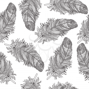 Birds feather seamless pattern. Line art ornamental background. American native sign background