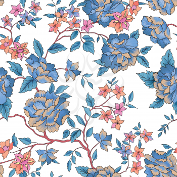 Floral pattern in chinese embroidery style. Flower seamless background. Flourish ornamental garden