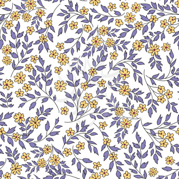 Floral seamless pattern with flowers and leaves over white background. Hand drawn fabric ornamental flower bloom background. Floral line art decor design