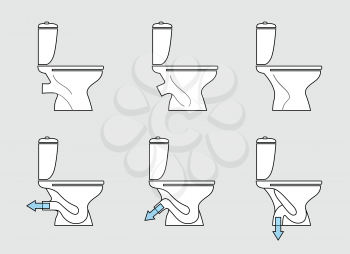 Toilet room furniture sign set. Bathroom interior object view. Toilet type icons. Water closet different models.