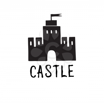 Castle icon. Doodle castle building view with tower, handwritten lettering CASTLE