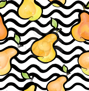 Abstract wave seamless pattern with pear. Stylish geometric background. Fruit ornamental wallpaper. Tropical food stripe texture 
