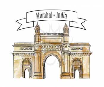 Mumbai city gate way icon, India. Famous indian hand drawn Maharashtra landmark. Travel India background