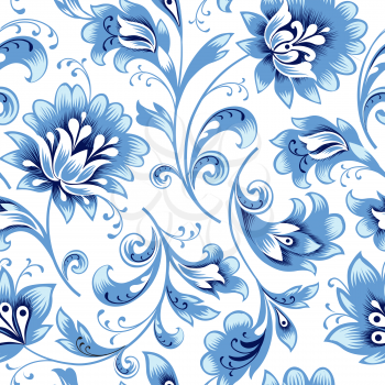 Floral seamless pattern. Flower silhouette ornament. Ornamental flourish background, russian native ethnic style
