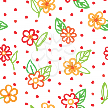 Floral seamless pattern with flowers and leaves over white background. Ornamental holiday background. Floral dotted decor wallpaper