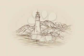 Lighthouse seaside view. Hand drawn seascape with beacon. Landscape sketch with lighthouse tower, sea and mountains