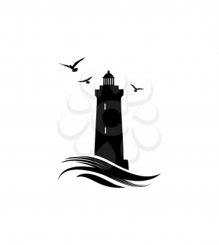 Lighthouse logo. Nautical icon with lighthouse with ocean waves and gull birds. Label design
