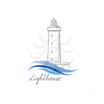 Lighthouse logo. Hand drawn sketch symbol of lighthouse with ocean waves. Nautical label design