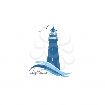 Lighthouse logo. Hand drawn sketch symbol of lighthouse with ocean waves. Nautical label design