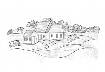 Sketch of rural landscape with hills, fields and countryhouse. Skyline with coundtry houses and farm buildings