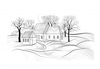 Countryside rural landscape with village house. Sketch of countryhouse building with fields. Farm land skyline