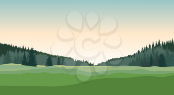 Rural landscape with forest, meadows and fields. Countryside nature skyline background