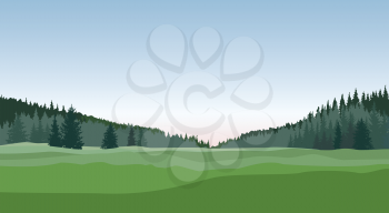 Rural landscape with forest, meadows and fields. Countryside nature skyline background