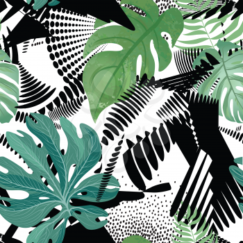 Floral seamless pattern. Tropical leaves over abstract painting art background. Flourish wallpaper with leaf.