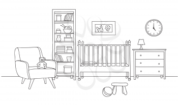 Bedroom interior background. Baby bed-room line art. Kid room furniture design.