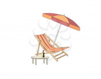 Chaise longue, table, parasol isolated. Deckchair drawing. Deck chair, table, parasol - summer sunbath beach resort symbol of the holidays