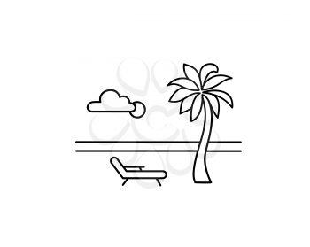 Seaside beach view. Summer holiday skyline. Ocean resort landscape with palm tree, sea, sun, sky, deckchair. Summer hoilday seaview sketch background