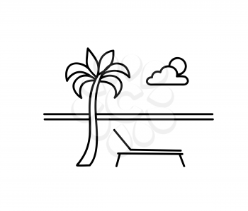 Seaside beach view. Summer holiday skyline. Ocean resort landscape with palm tree, sea, sun, sky, deckchair. Summer hoilday seaview sketch background