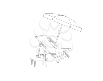 Chaise longue, table, parasol isolated. Deckchair outline drawing. Deck chair, table, parasol- summer sunbath beach resort symbol of the holidays