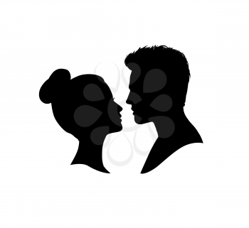 Couple faces silhouette. Couple facing each other. Man and woman romantic profile.
