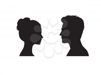 Couple faces silhouette. Couple facing each other. Young man and woman romantic profile.