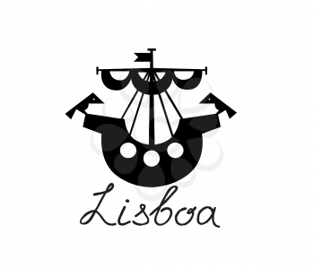 Lisbon city city icon. Ship with birds Lisboa city symbol. Travel Portugal sign.