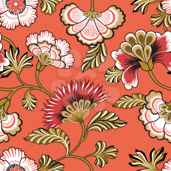 Floral seamlessl pattern. Flourish tiled background. Ornamental backdrop design with fantastic flowers and leaves. Oriental wonderland motives of the paintings of ancient Indian fabric patterns.