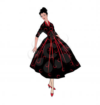 Stylish fashion dressed girls (1950s 1960s style): Retro fashion dress party. Summer clothes vintage woman fashion silhouette from 60s.
