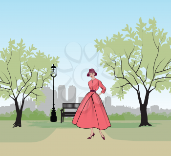 Retro fashion dressed woman (1950's 1960's style) in city park landscape. Stylish young lady in vintage clothes in spring city garden. Spring fashion silhouette from 60s. Park cityscape skyline. Urban life illustration.
