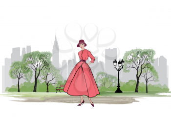 Retro fashion dressed woman (1950's 1960's style) in city park landscape. Stylish young lady in vintage clothes in spring city garden. Spring fashion silhouette from 60s. Park cityscape skyline. Urban life illustration.