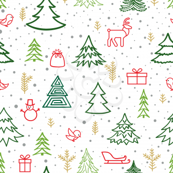 Christmas winter forest snow seamless pattern with holiday icons and New Year Tree, Snow, Deer, Gift, Birds. Happy Winter Holiday Snowfall Wallpaper with Nature Decor elements. Fir Tree branch and snowflakes